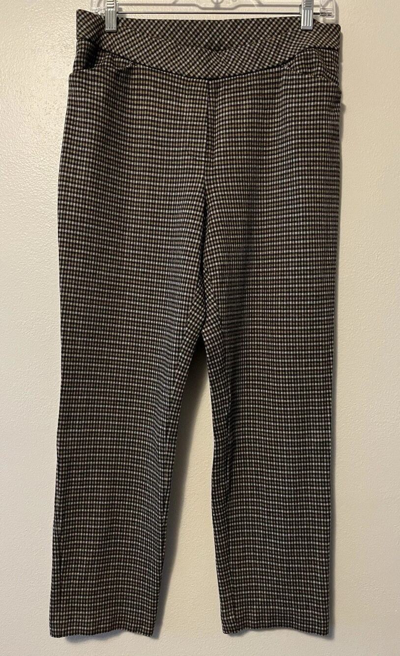 J Jill Ponte Pants Women's Medium Petite Brown Plaid Stretch Slim Leg Pockets